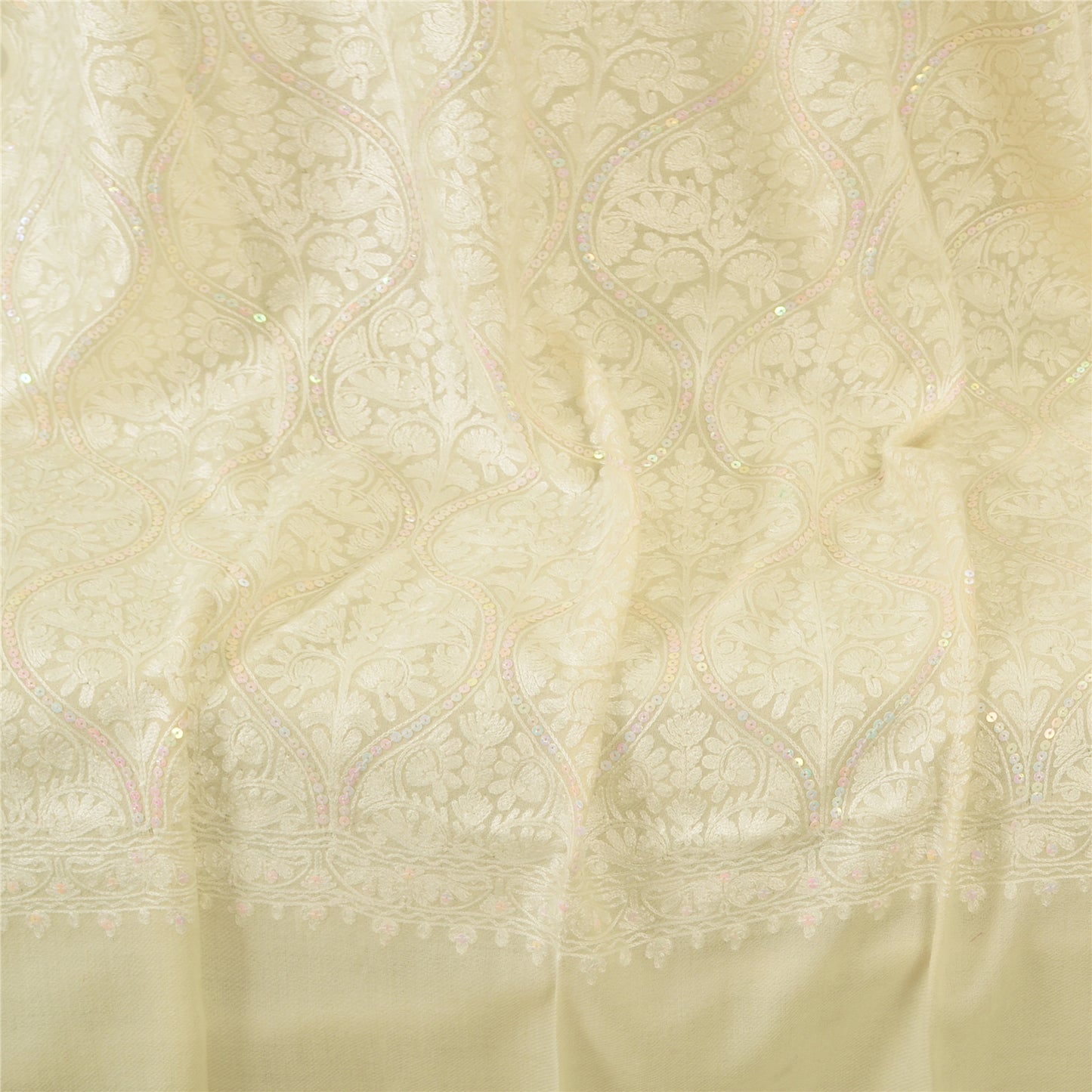 Sanskriti New Arizama Hand Embroidered Pure Woolen Shawl Cream Stole