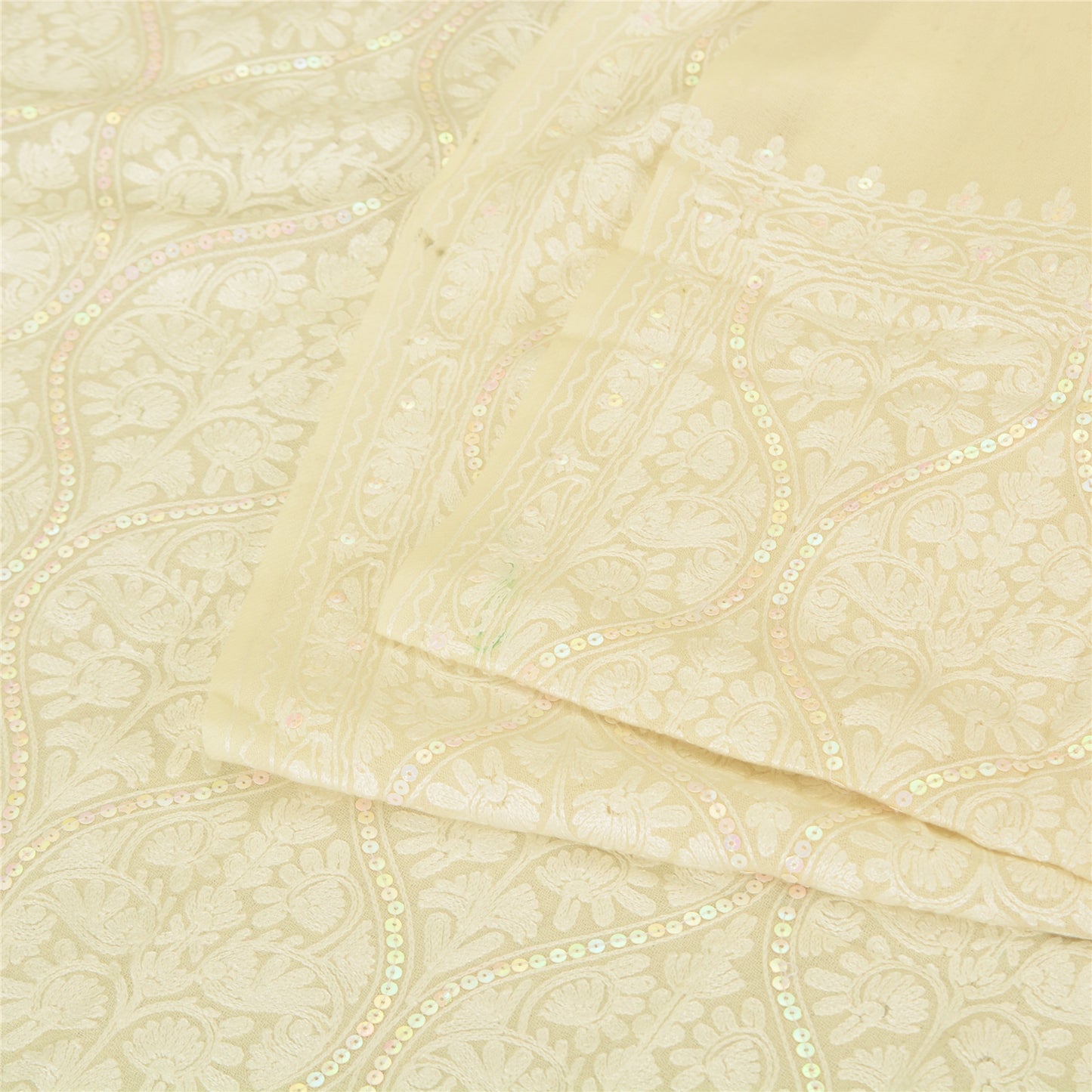 Sanskriti New Arizama Hand Embroidered Pure Woolen Shawl Cream Stole