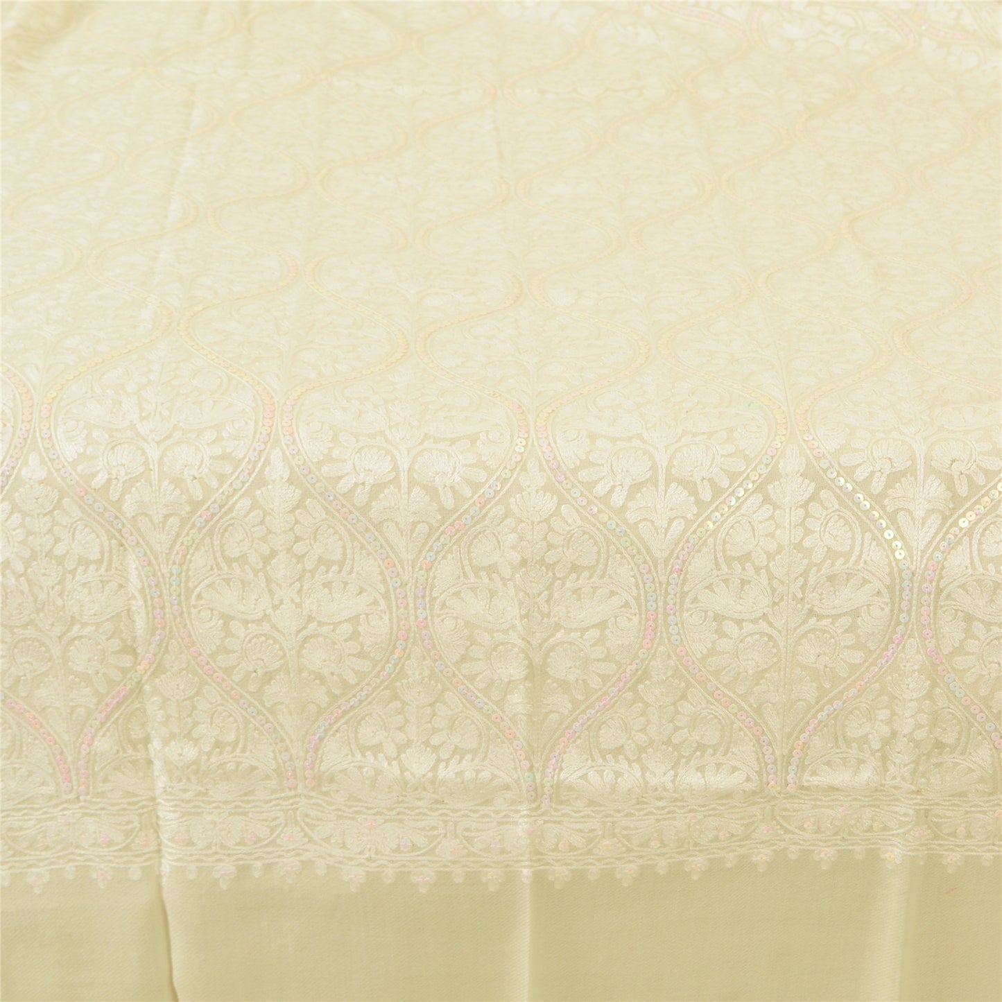 Sanskriti New Arizama Hand Embroidered Pure Woolen Shawl Cream Stole
