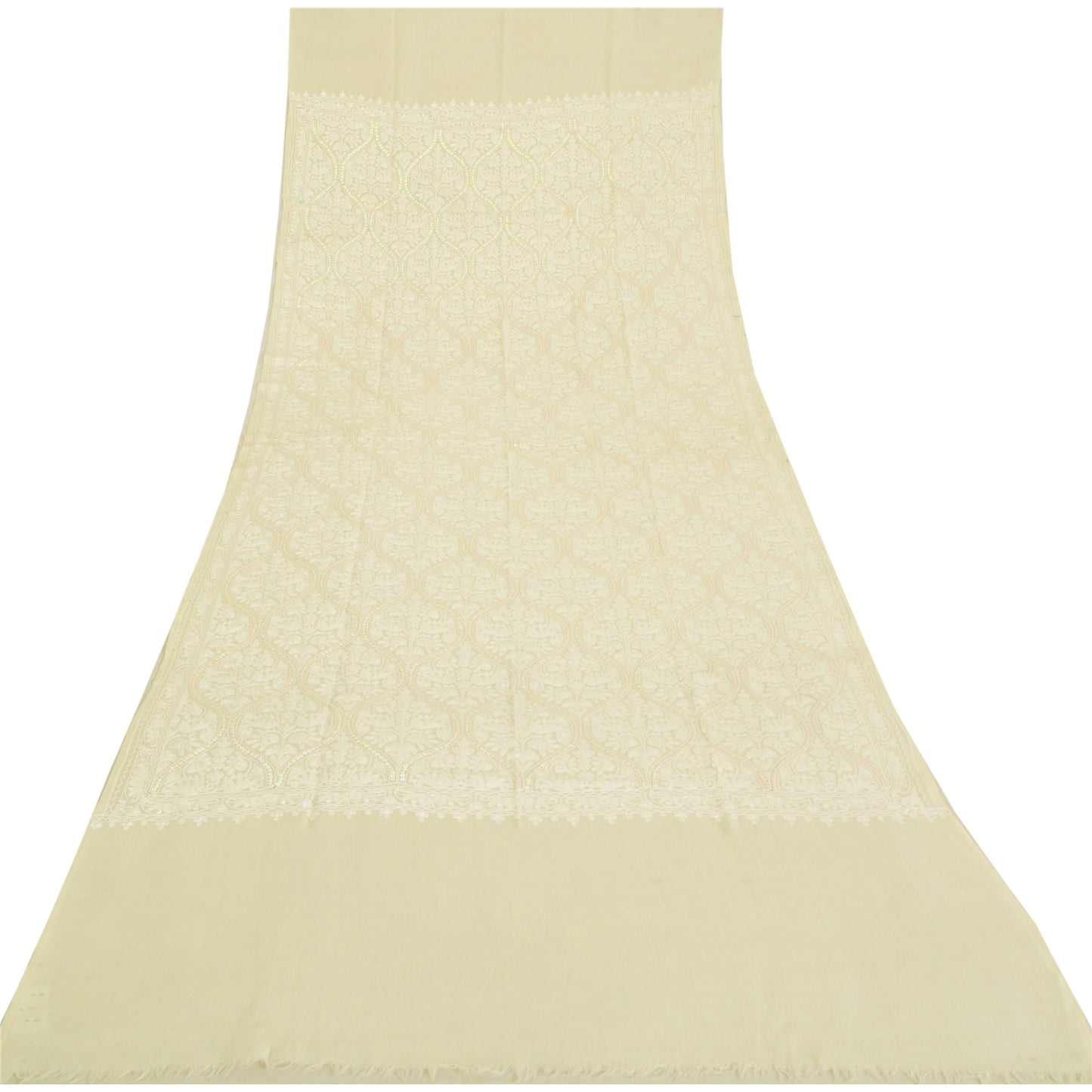 Sanskriti New Arizama Hand Embroidered Pure Woolen Shawl Cream Stole