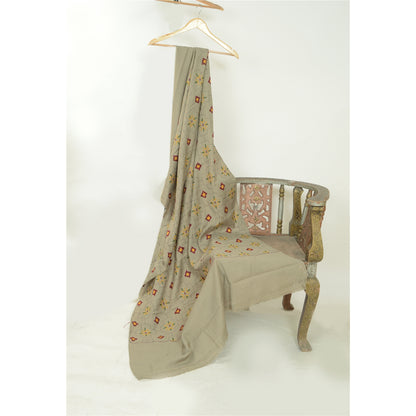 Sanskriti Vintage Grey Woollen Long Shawl Hand Embroidered Throw Stole Floral