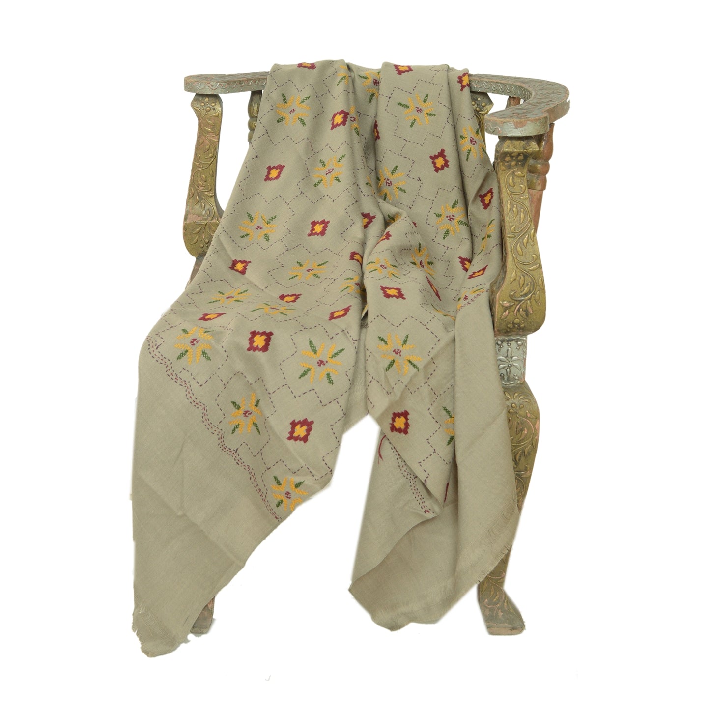 Sanskriti Vintage Grey Woollen Long Shawl Hand Embroidered Throw Stole Floral