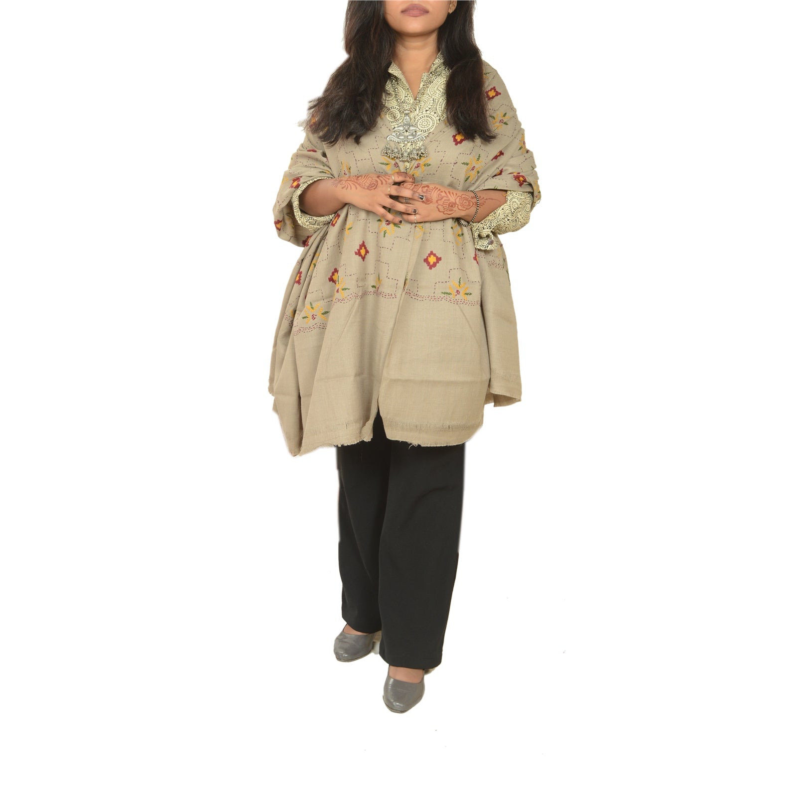 Sanskriti Vintage Grey Woollen Long Shawl Hand Embroidered Throw Stole Floral