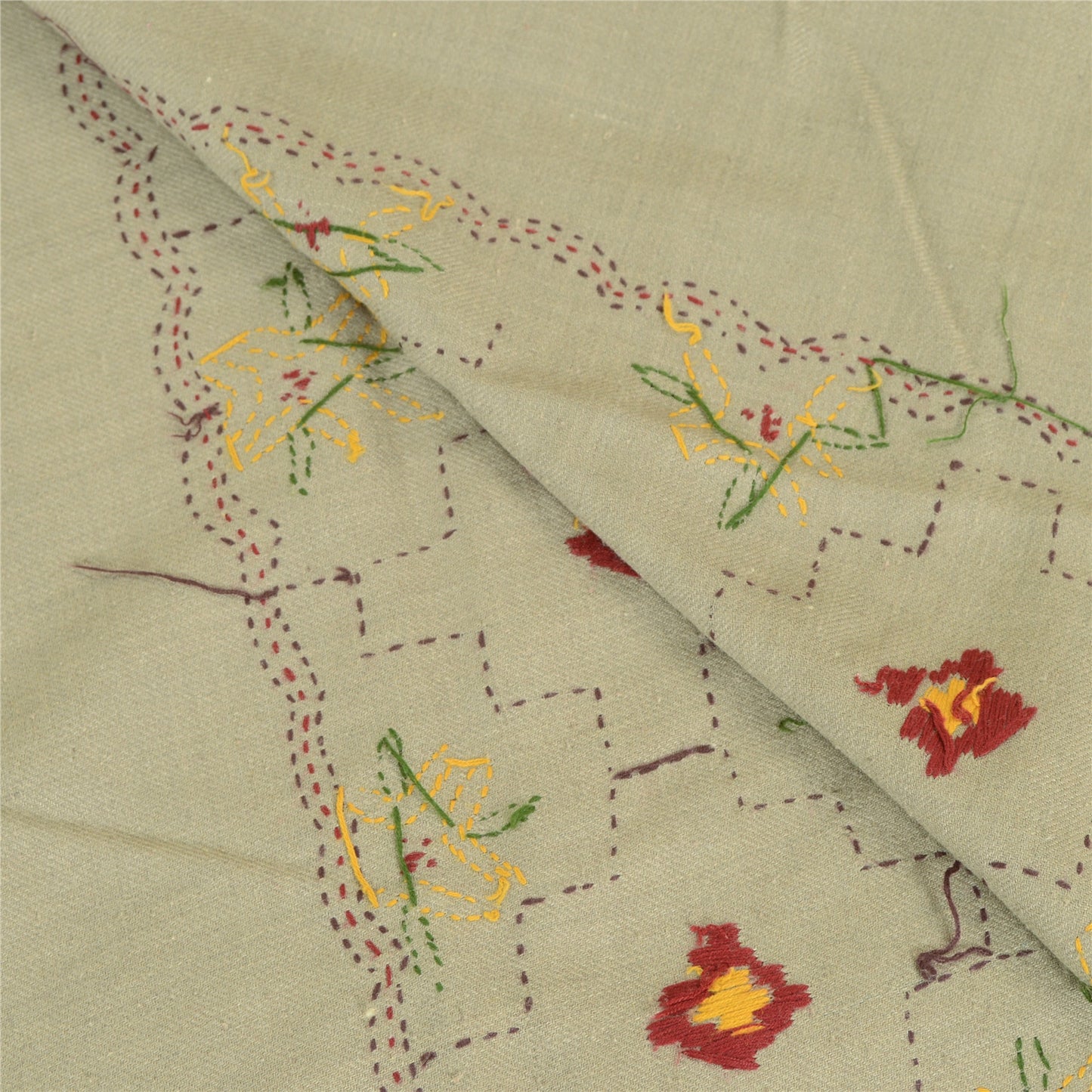 Sanskriti Vintage Grey Woollen Long Shawl Hand Embroidered Throw Stole Floral