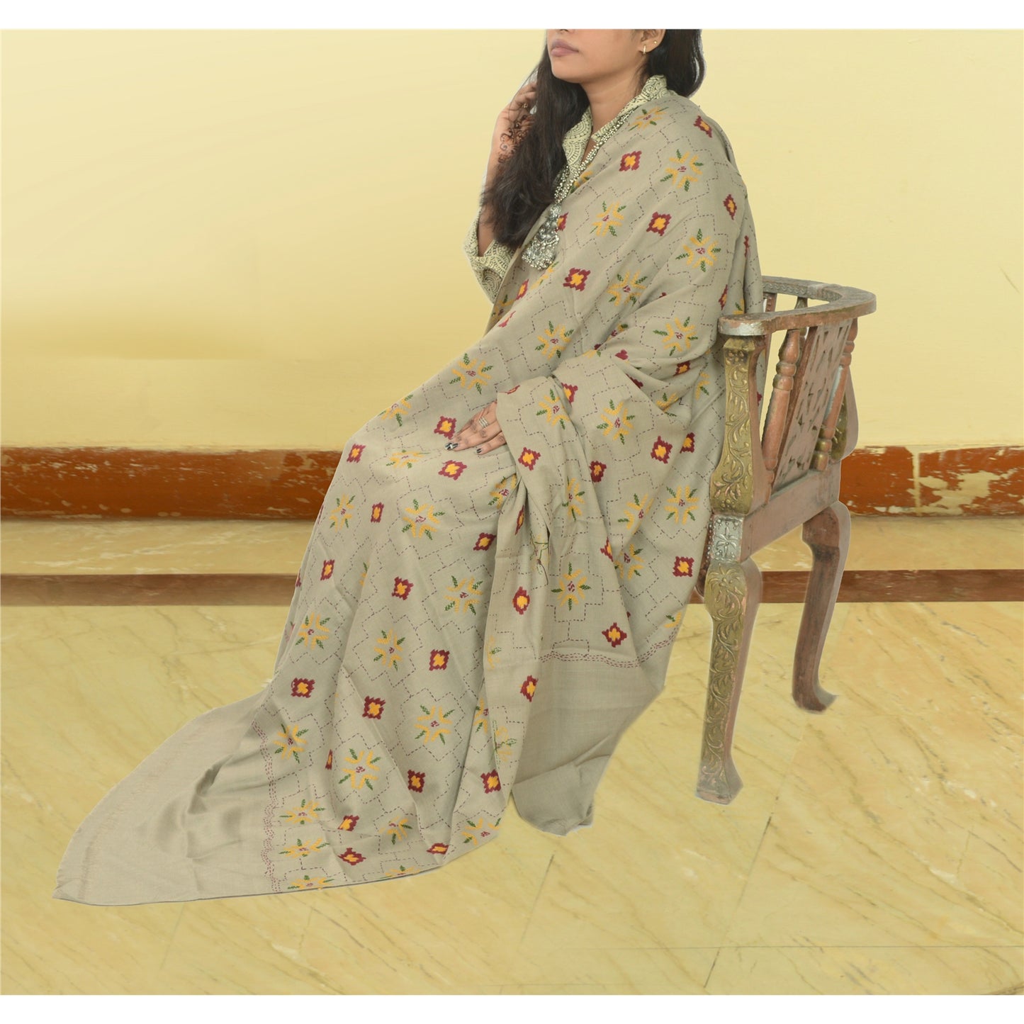 Sanskriti Vintage Grey Woollen Long Shawl Hand Embroidered Throw Stole Floral