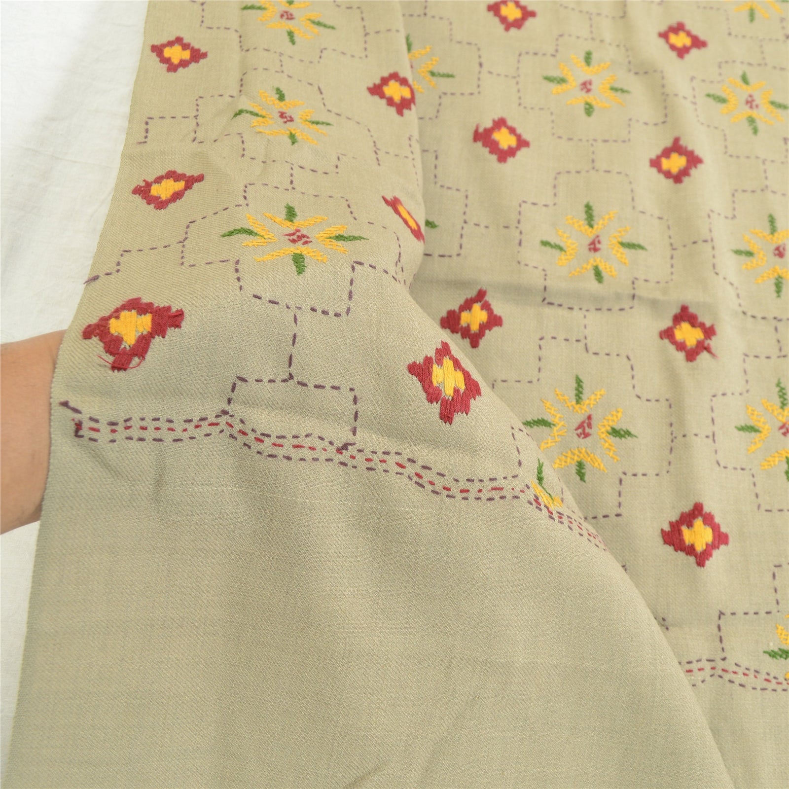 Sanskriti Vintage Grey Woollen Long Shawl Hand Embroidered Throw Stole Floral