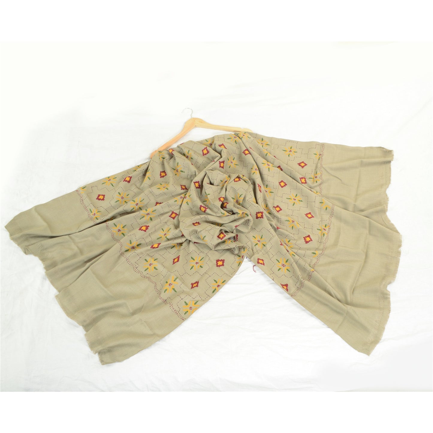 Sanskriti Vintage Grey Woollen Long Shawl Hand Embroidered Throw Stole Floral