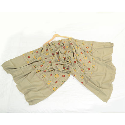Sanskriti Vintage Grey Woollen Long Shawl Hand Embroidered Throw Stole Floral