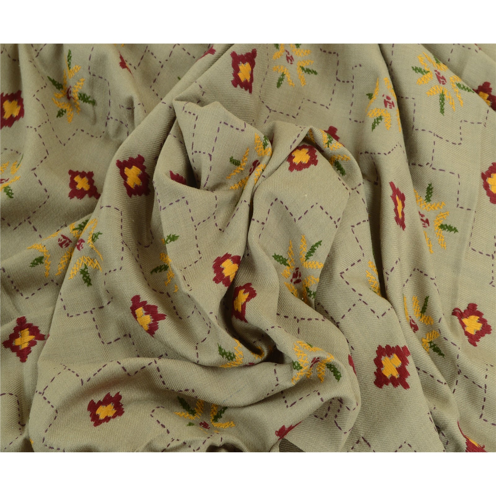 Sanskriti Vintage Grey Woollen Long Shawl Hand Embroidered Throw Stole Floral