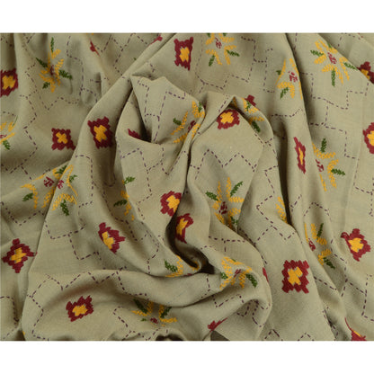 Sanskriti Vintage Grey Woollen Long Shawl Hand Embroidered Throw Stole Floral