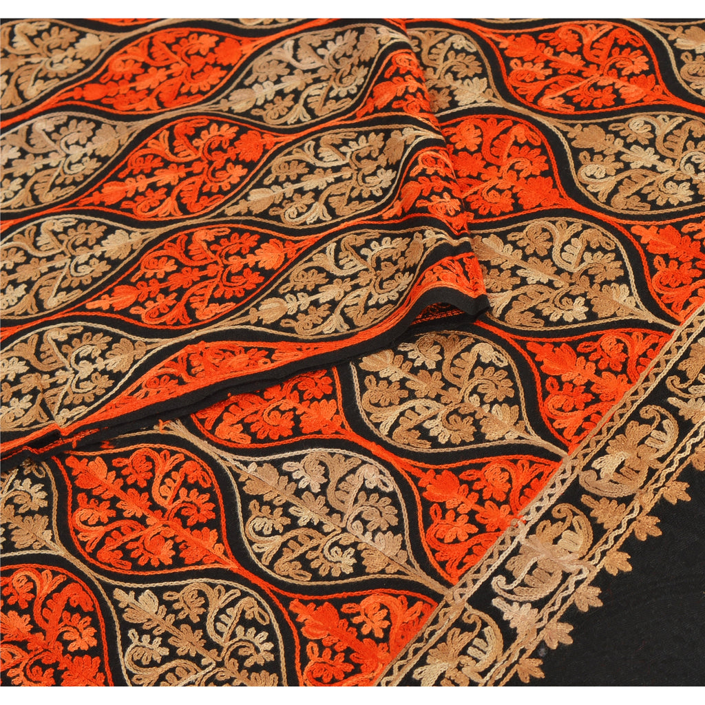 Sanskriti New Indian Scarf Hand Embroidered Aari Work Polywool Shawl Black Stole