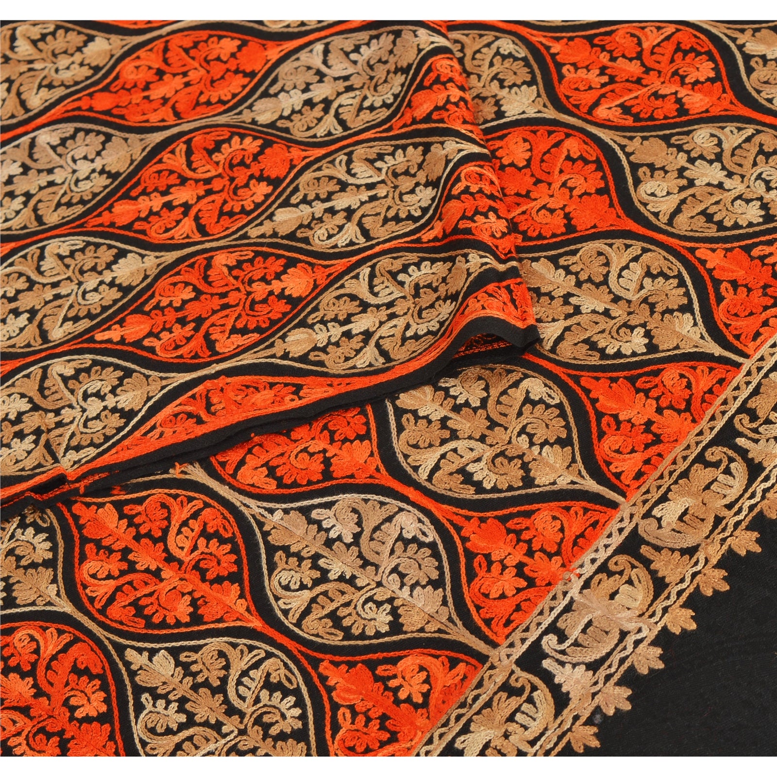 Sanskriti New Indian Scarf Hand Embroidered Aari Work Polywool Shawl Black Stole