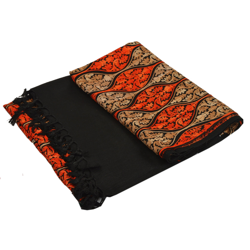 Sanskriti New Indian Scarf Hand Embroidered Aari Work Polywool Shawl Black Stole