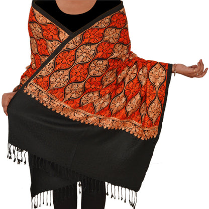 Sanskriti New Indian Scarf Hand Embroidered Aari Work Polywool Shawl Black Stole