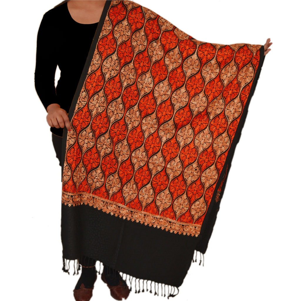 Sanskriti New Indian Scarf Hand Embroidered Aari Work Polywool Shawl Black Stole