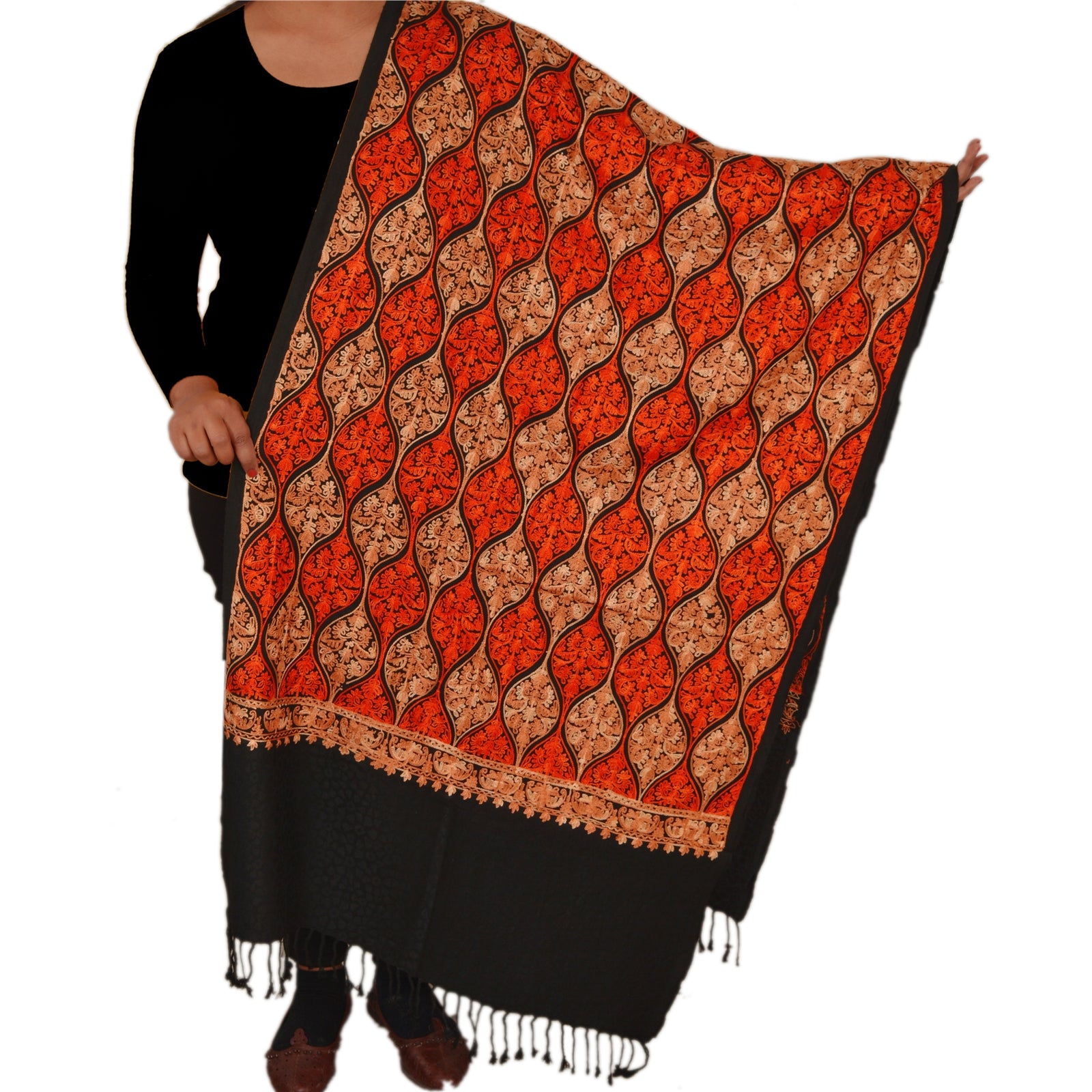 Sanskriti New Indian Scarf Hand Embroidered Aari Work Polywool Shawl Black Stole