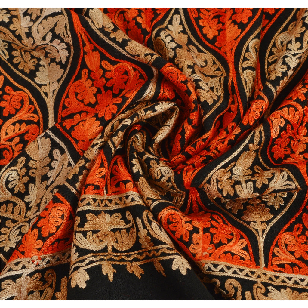Sanskriti New Indian Scarf Hand Embroidered Aari Work Polywool Shawl Black Stole