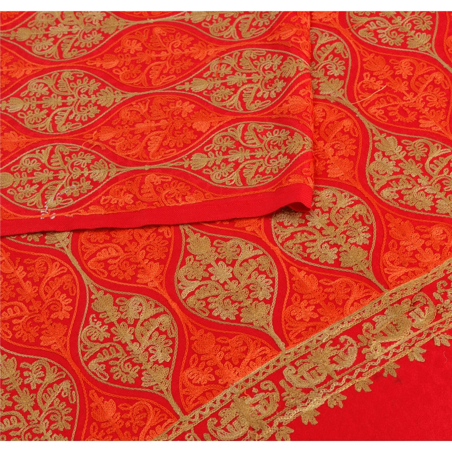 Sanskriti New Indian Scarf Hand Embroidered Aari Work Polywool Shawl Red Stole