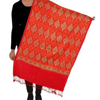Sanskriti New Indian Scarf Hand Embroidered Aari Work Polywool Shawl Red Stole