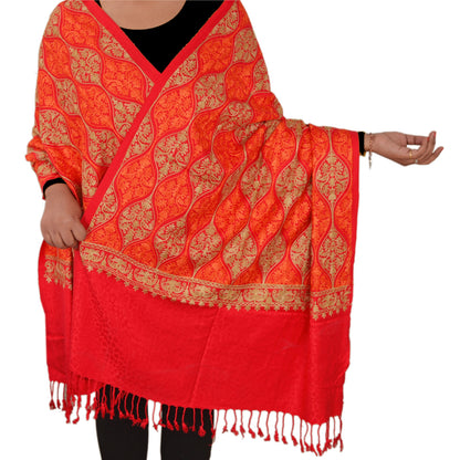 Sanskriti New Indian Scarf Hand Embroidered Aari Work Polywool Shawl Red Stole