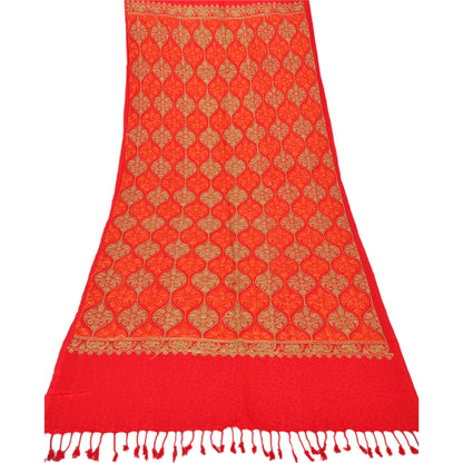 Sanskriti New Indian Scarf Hand Embroidered Aari Work Polywool Shawl Red Stole