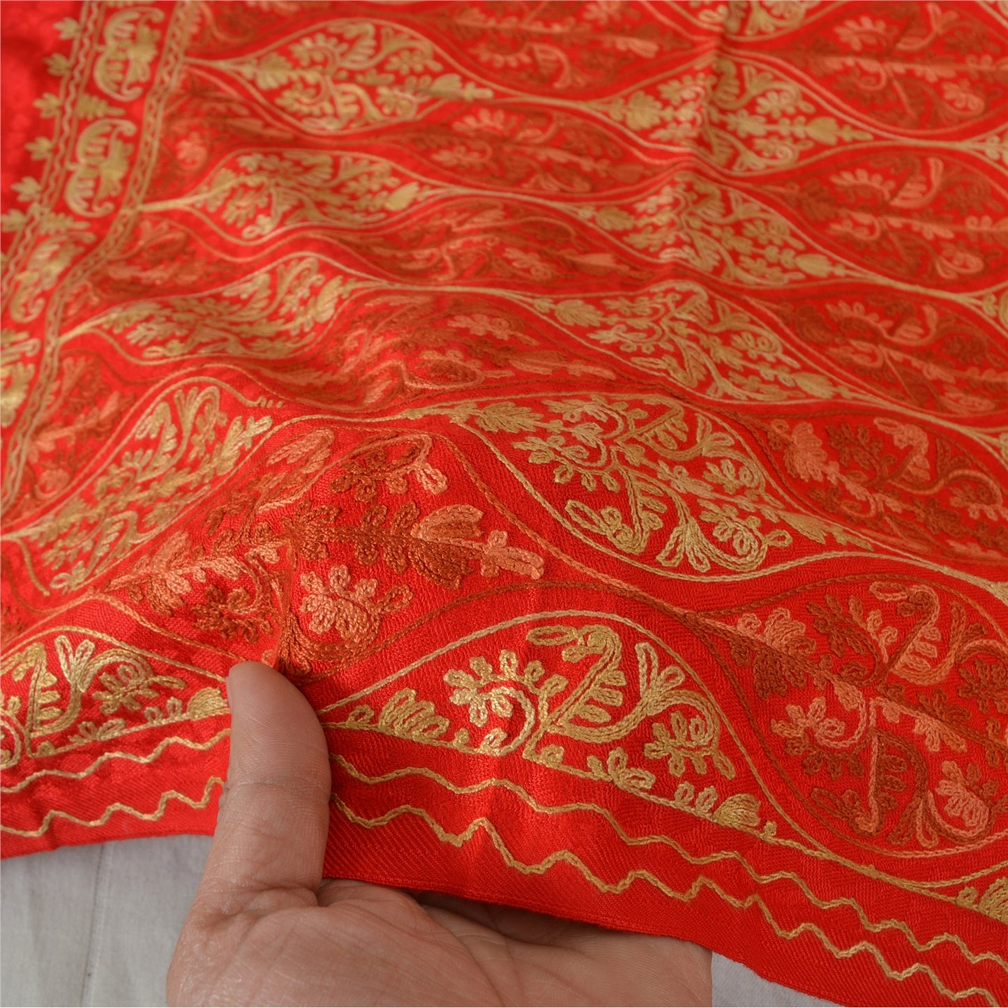 Sanskriti New Indian Scarf Hand Embroidered Aari Work Pure Wool Shawl Red Stole