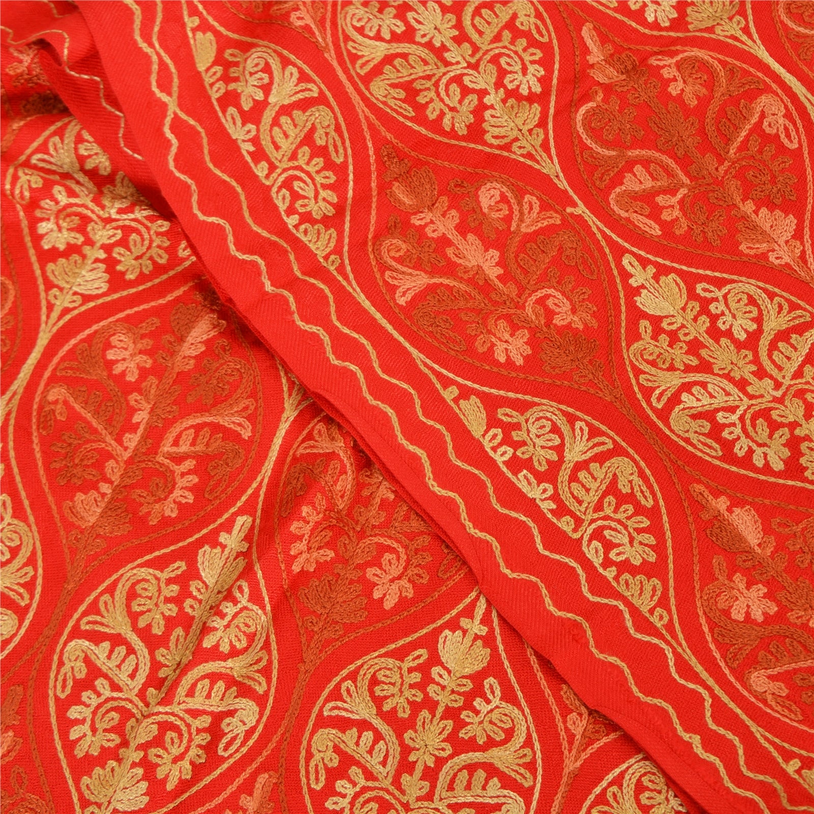 Sanskriti New Indian Scarf Hand Embroidered Aari Work Pure Wool Shawl Red Stole