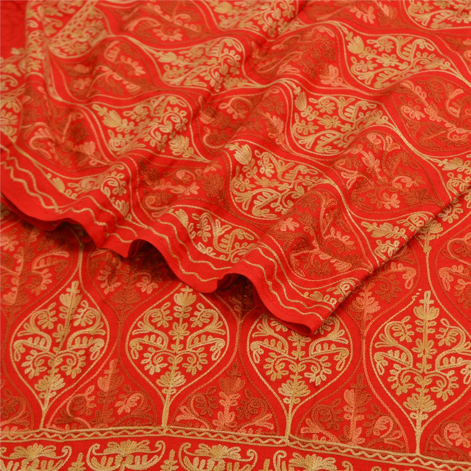 Sanskriti New Indian Scarf Hand Embroidered Aari Work Pure Wool Shawl Red Stole