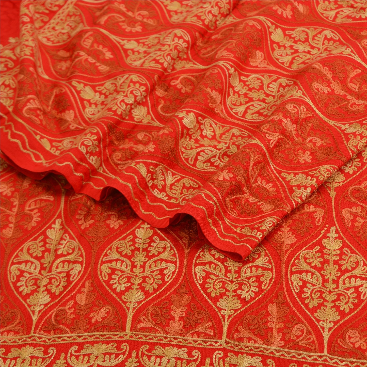 Sanskriti New Indian Scarf Hand Embroidered Aari Work Pure Wool Shawl Red Stole