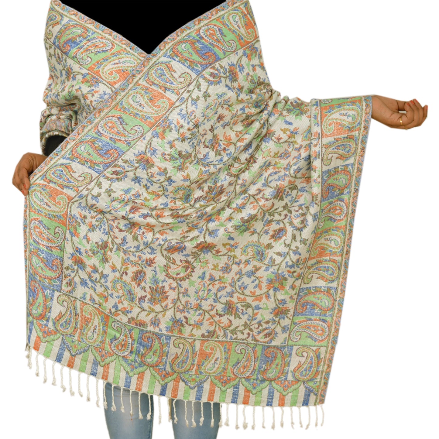 Sanskriti New Scarf Embroidered Woolen Indian Shawl White Woven Work Stole