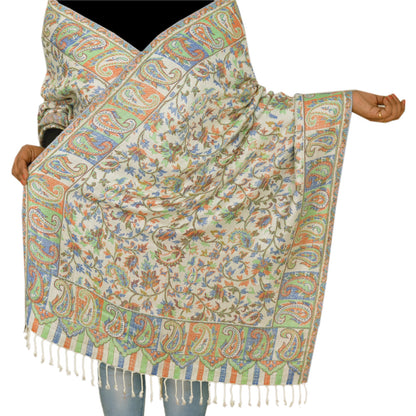 Sanskriti New Scarf Embroidered Woolen Indian Shawl White Woven Work Stole