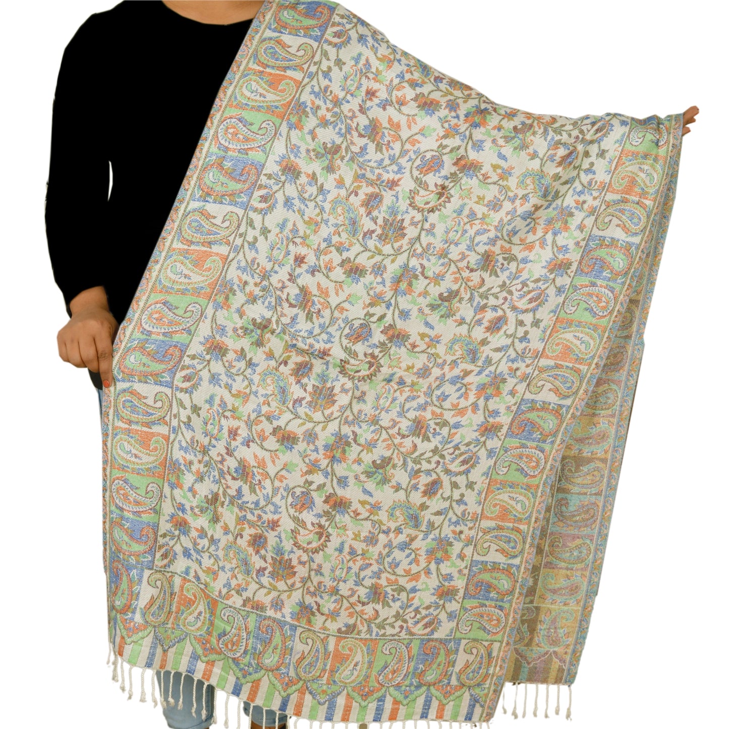 Sanskriti New Scarf Embroidered Woolen Indian Shawl White Woven Work Stole