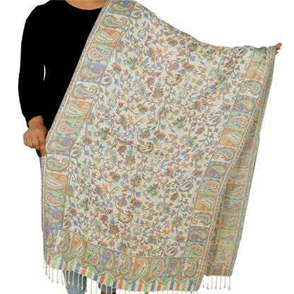 Sanskriti New Scarf Embroidered Woolen Indian Shawl White Woven Work Stole