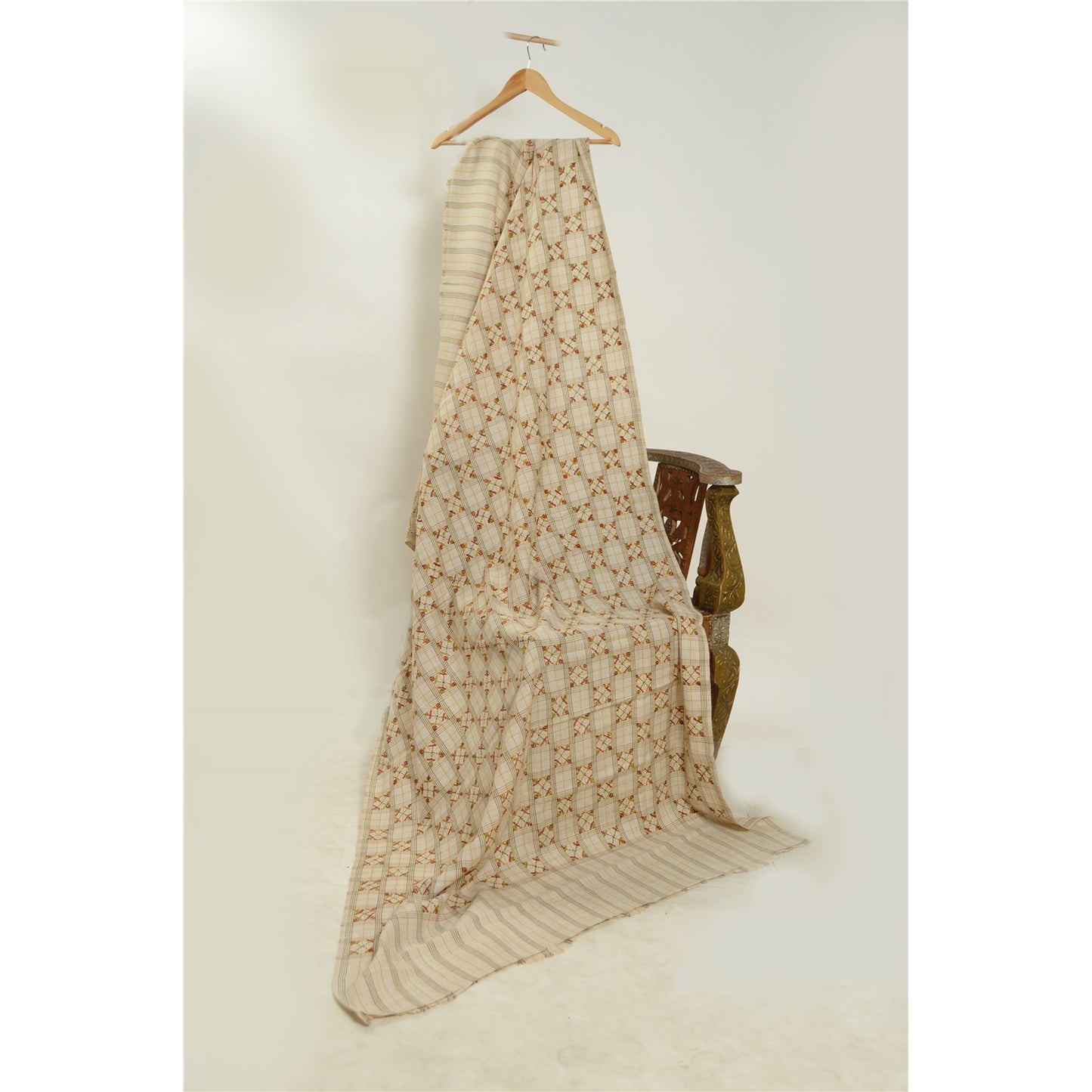 Sanskriti Vintage Ivory Pure Woolen Shawl Hand Embroidered Work Stole Scarf