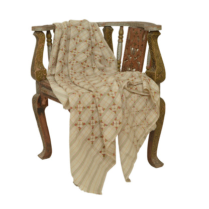 Sanskriti Vintage Ivory Pure Woolen Shawl Hand Embroidered Work Stole Scarf