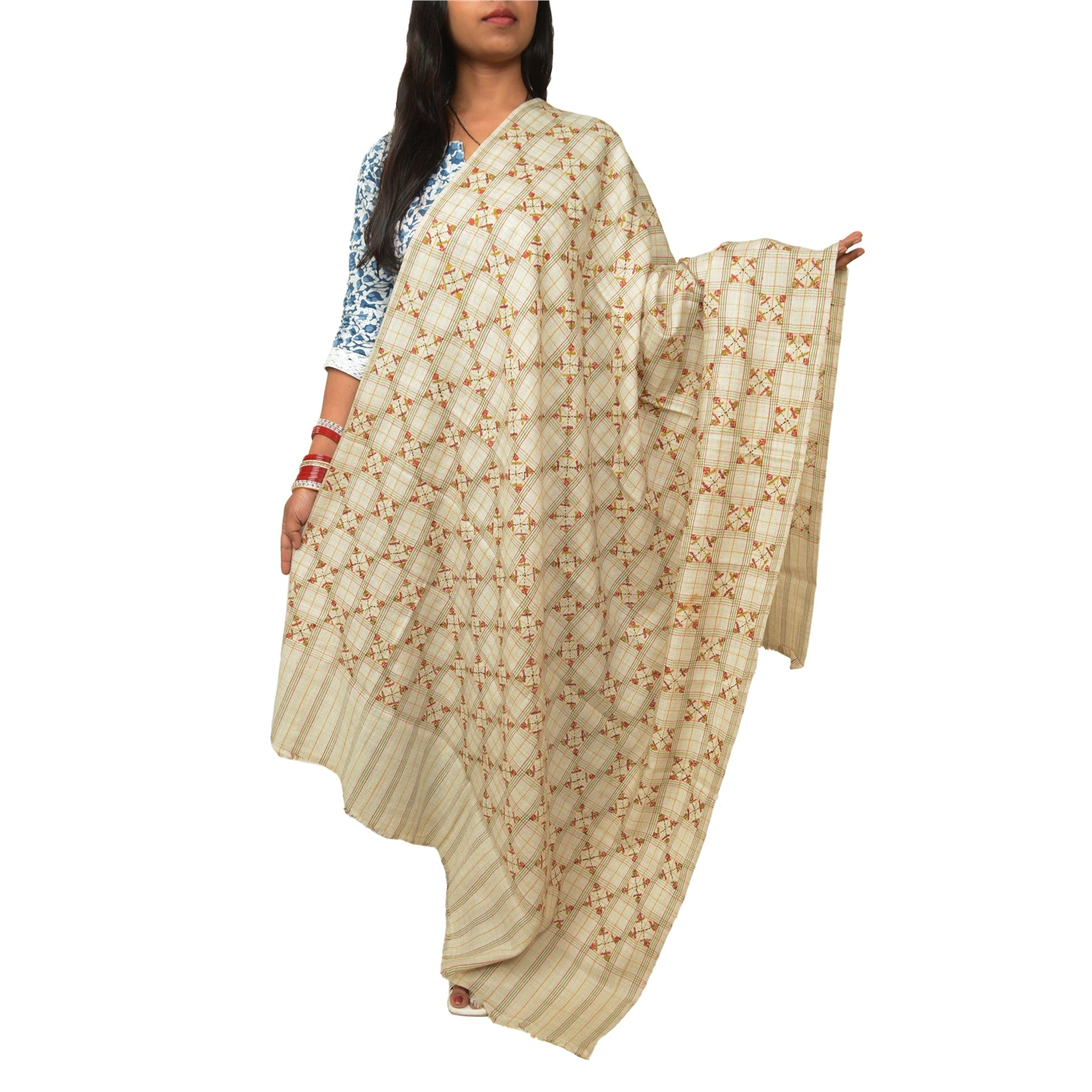 Sanskriti Vintage Ivory Pure Woolen Shawl Hand Embroidered Work Stole Scarf