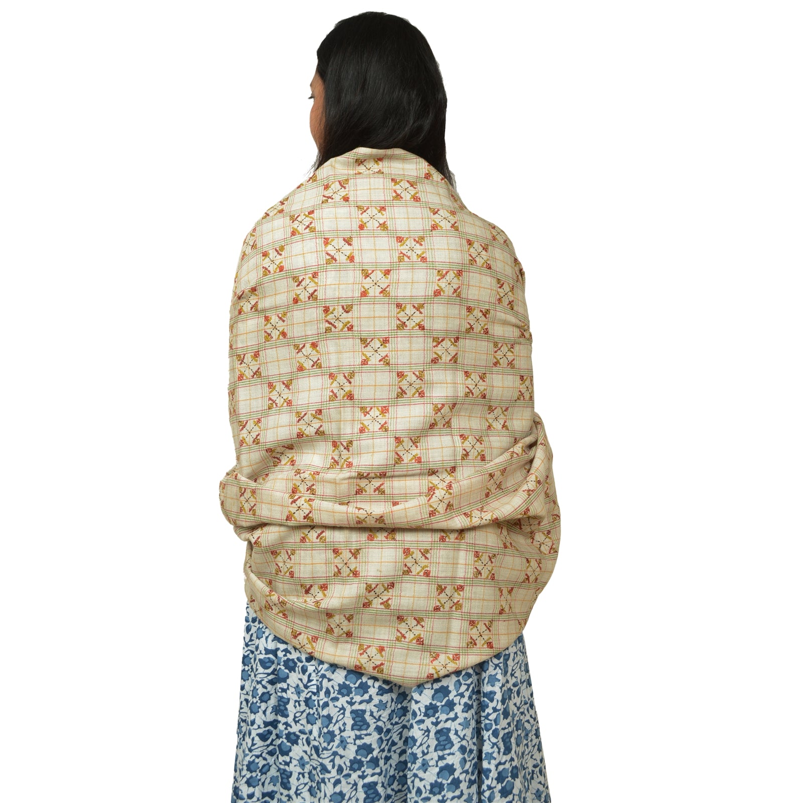 Sanskriti Vintage Ivory Pure Woolen Shawl Hand Embroidered Work Stole Scarf