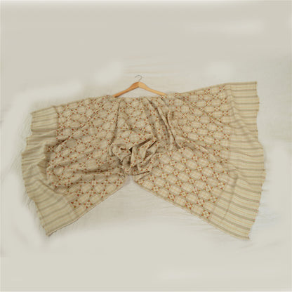 Sanskriti Vintage Ivory Pure Woolen Shawl Hand Embroidered Work Stole Scarf