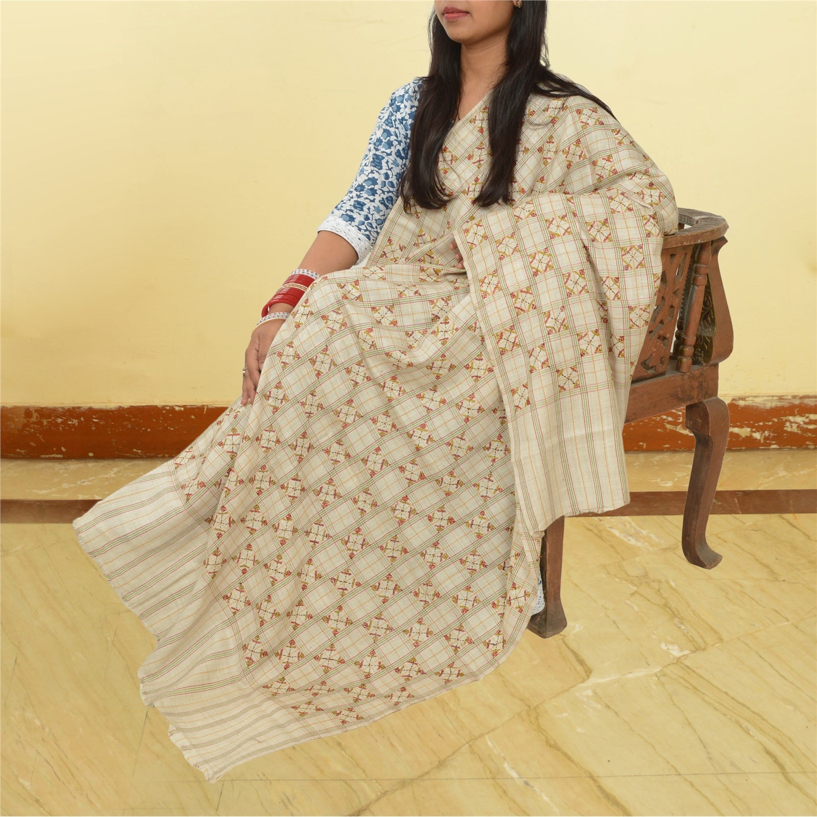 Sanskriti Vintage Ivory Pure Woolen Shawl Hand Embroidered Work Stole Scarf