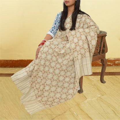 Sanskriti Vintage Ivory Pure Woolen Shawl Hand Embroidered Work Stole Scarf