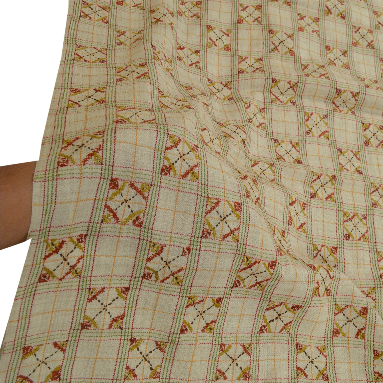 Sanskriti Vintage Ivory Pure Woolen Shawl Hand Embroidered Work Stole Scarf