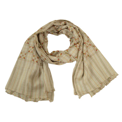 Sanskriti Vintage Ivory Pure Woolen Shawl Hand Embroidered Work Stole Scarf