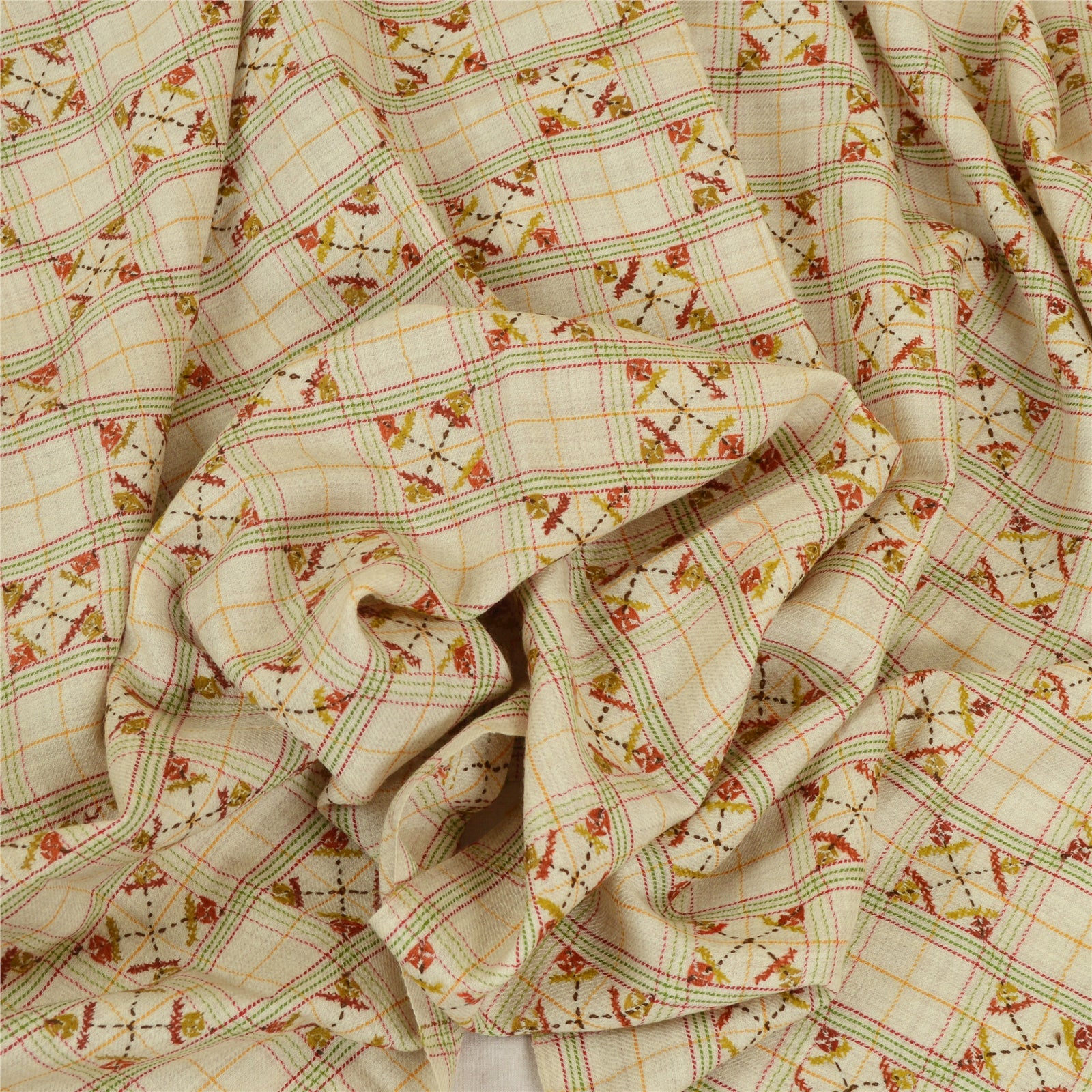 Sanskriti Vintage Ivory Pure Woolen Shawl Hand Embroidered Work Stole Scarf