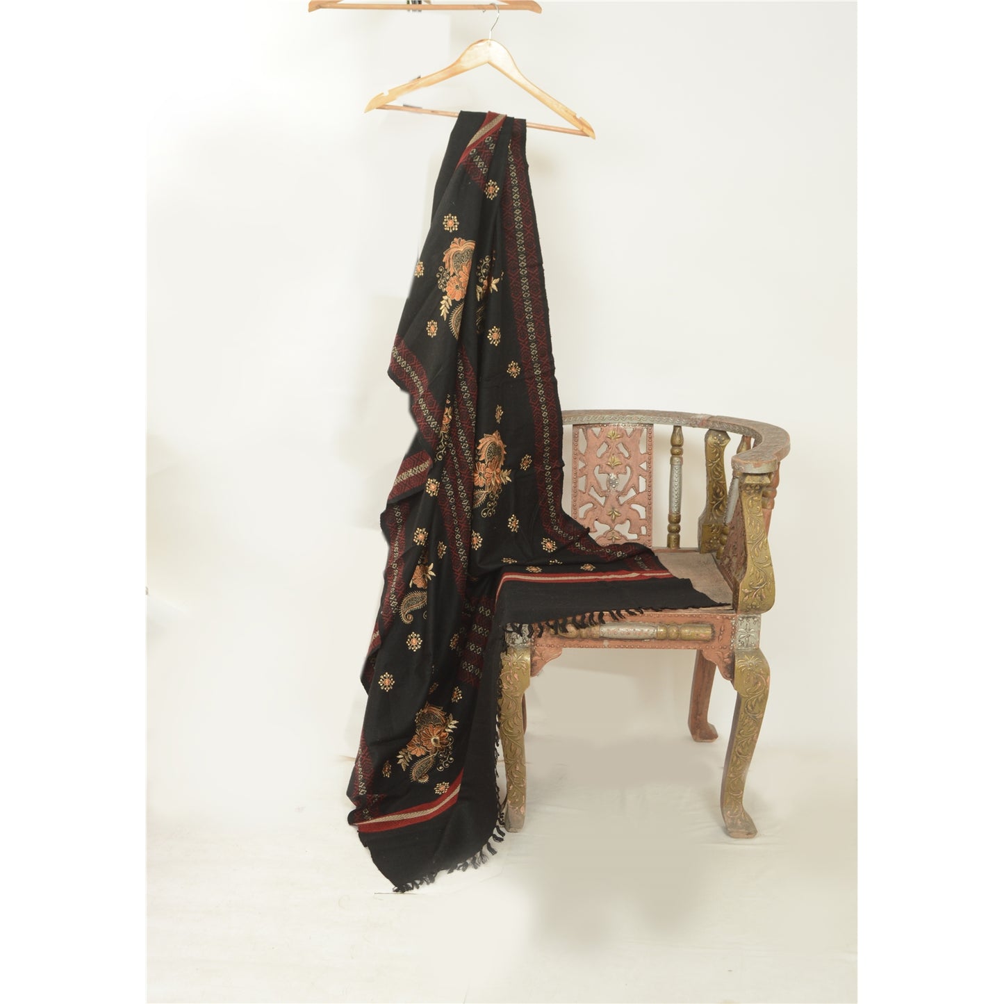 Sanskriti Vintage Black Long Stole Woollen Shawl Woven Work Embroidered Scarf