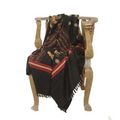 Sanskriti Vintage Black Long Stole Woollen Shawl Woven Work Embroidered Scarf