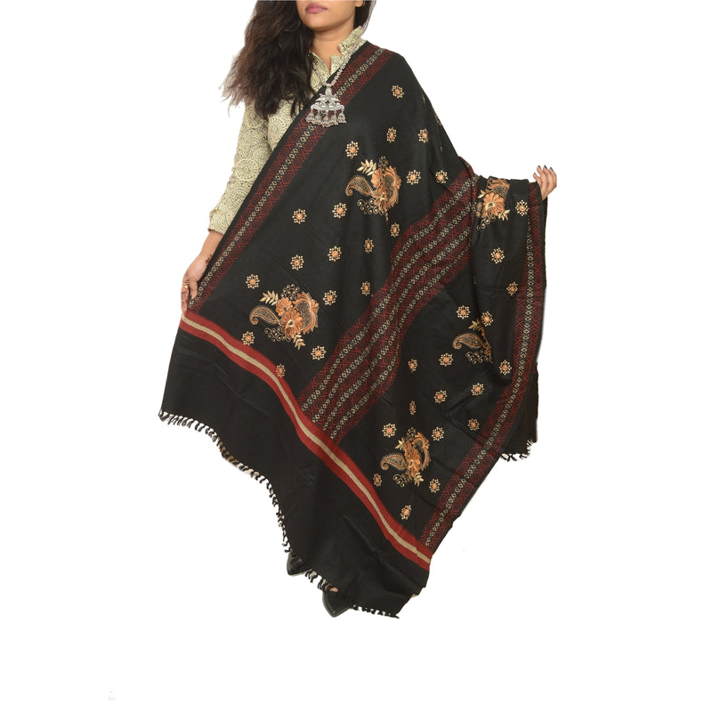 Sanskriti Vintage Black Long Stole Woollen Shawl Woven Work Embroidered Scarf