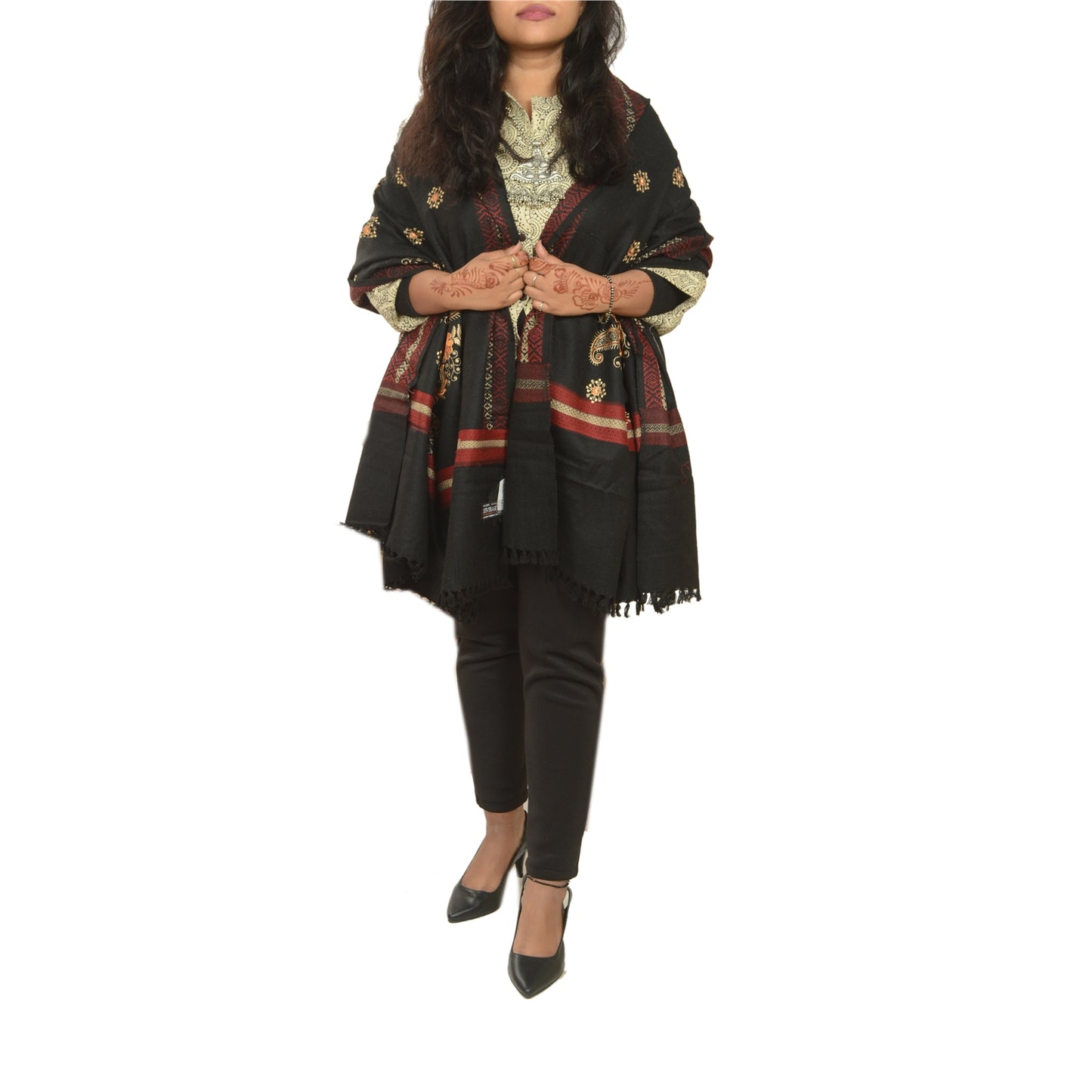 Sanskriti Vintage Black Long Stole Woollen Shawl Woven Work Embroidered Scarf