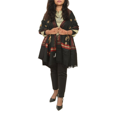 Sanskriti Vintage Black Long Stole Woollen Shawl Woven Work Embroidered Scarf