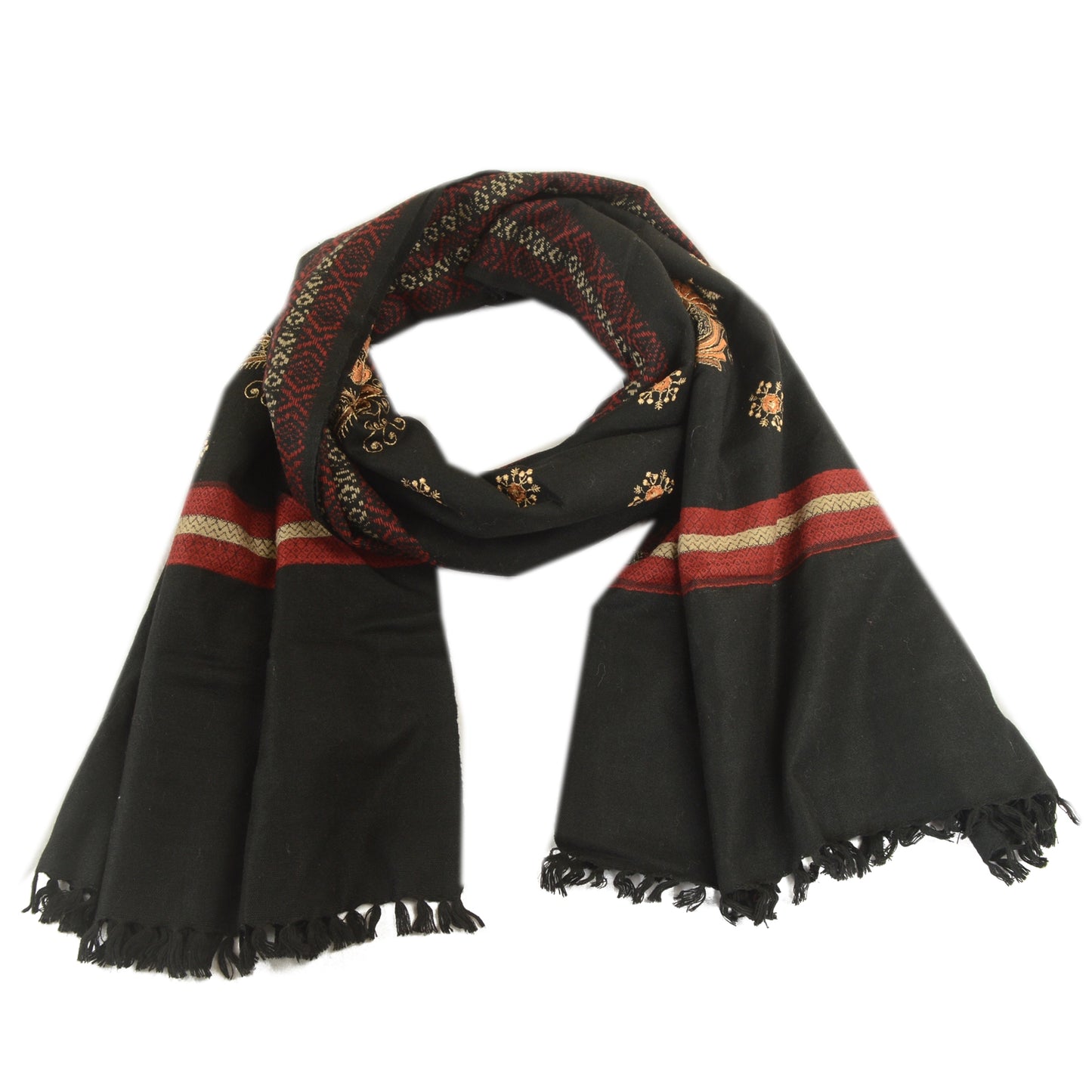 Sanskriti Vintage Black Long Stole Woollen Shawl Woven Work Embroidered Scarf