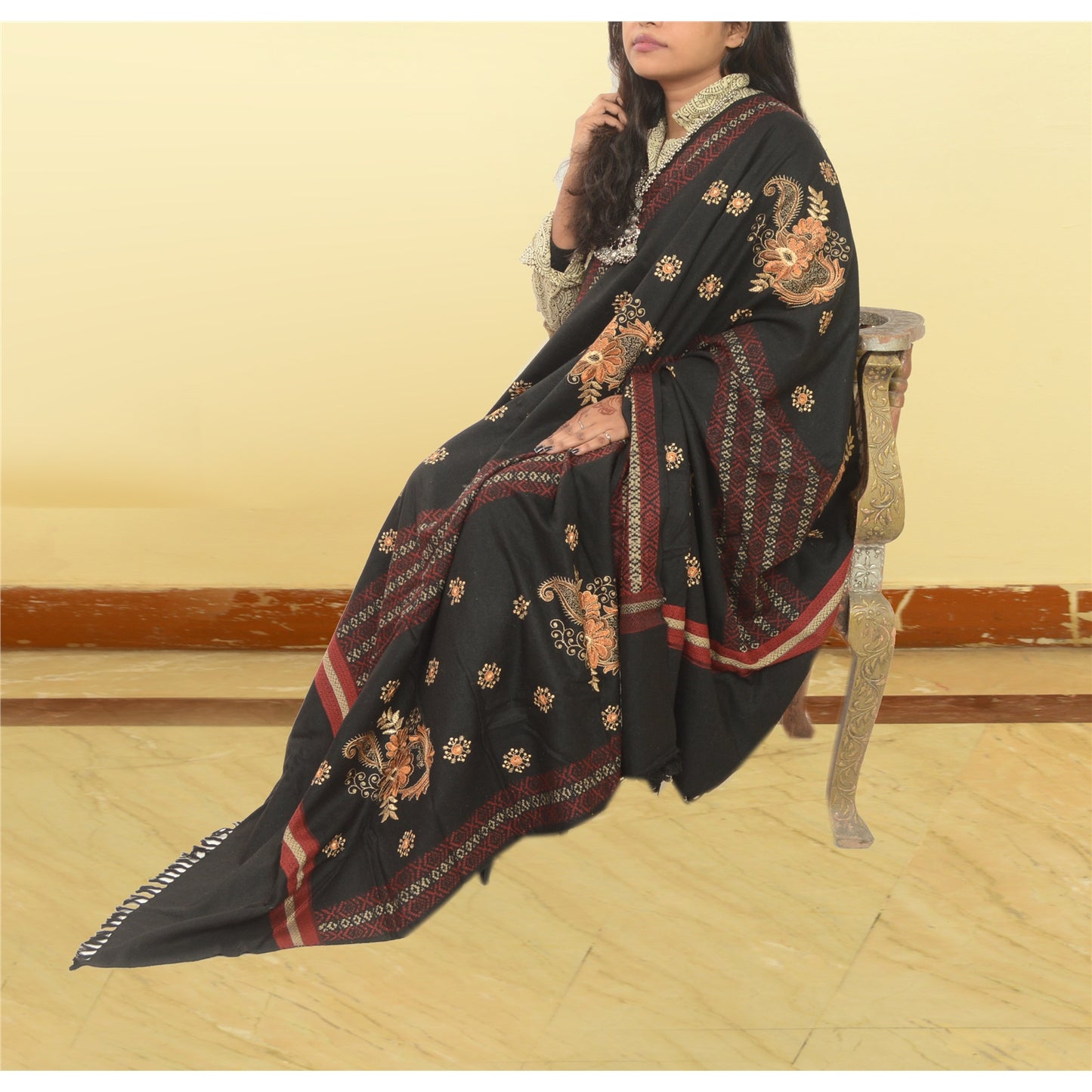 Sanskriti Vintage Black Long Stole Woollen Shawl Woven Work Embroidered Scarf